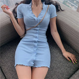 Korean Styles Short Sleeve Button Down Solid Color V-neck Party Mini Dress Feminina Bodycon Dress Robe