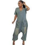 Fongt Women's Loose Jumpsuit Women's Fashion Personality Big Pocket Wash Denim Jumpsuit