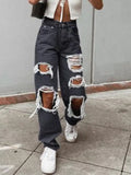 Broken Hole Wide Legs Thin Jeans Woman-Outfit