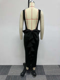 Party Casual Women's Dress Solid Color Hip Wrap Open Back Deep V Bow Elastic Split Ruffle Edge Sling Dress-Outfit