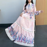 Fongt And Autumn New Women's Collar Bubble Sleeve Lantern Long-Sleeved Lantern With Belt Positioning Print Single Buckle Dress