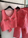 Spring New Small Fragrance 3 Piece Set For Women Tweed Jacket Blazer Coat Single Breasted Vest High Waist Wide Leg