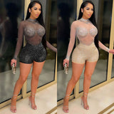 Fashion Ebay Sexy Round Neck Long Sleeve Nightclub Party Hot Drill Perspective Jumpsuit-Outfit