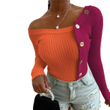 Fashion Elegant Knitted Tops Long Sleeve Off Shoulder Sexy Casual Slim Buttons Top Femme Ladies Solid Sweaters Fall