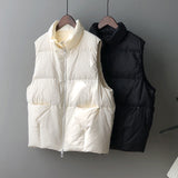 New Body Warmer Women's Down Cotton Vest Jacket Loose White Down Cotton Thick Waistcoat Vest Zipper Sleeveless Coat