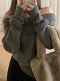 Solid Off Shoulder Knit Sweater-Outfit
