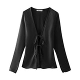 Bowknot Silk Satin Long-Sleeved Shirt In Spring-Outfit