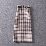 Women Autumn Winter Two Pieces Sets Office Ladies Clothing Set Turtleneck Knitted Sweaters And Tweed Plaid long Skirts