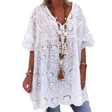 Fongt Women's New V-Neck Hollow Embroidered Blouse Short-Sleeved