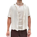 Fongt Summer New Men's Casual Knit Cardigan White Short Sleeve Jacket Men's Shirt Hollow Out Men's