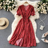 Dress Women's Aging Bubble Cuff Buckle Slimming Medium-Long Heart Machine Forked Retro Broken Flower Platycodon Grandiflorum Skirt-Outfit