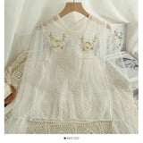 Lolita Blouses Women Mesh Patchwork Flower Embroidery Peter Pan Collar Shirts Flare Sleeve Thin Inside Tops Mujer Autumn-Outfit