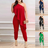 Temperament Women's Wear 2023 Women's Diagonal Shoulder Flounce Jumpsuit-Outfit
