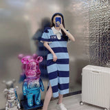 Women Blue Short Sleeve Split T-shirt Dress 2023 Summer Loose Mid-length Over-knee Stripe Splicing Lace Neck One Piece