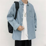 Harajuku Denim Shirt Long-Sleeved Port Style Casual Loose Autumn Shirt Men's Fashion Jacket-Outfit