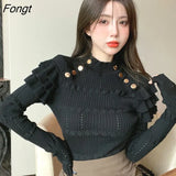 Korean Fashion Vingate White Ruffle Feifei Sleeve Sweater Women Sexy Tops Female Girls Casual Knitted Pullover