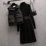 Autumn Winter Warm Knitted Turtleneck Sweater Dresses And Thick Vest Suits For Women Elegant Two Pieces