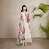 Fongt Court Dress Female Senior Sense Strap To The Waist Lantern Sleeve Print Single Buckle Mesh Elegant Dress