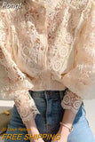 Petal Sleeve Lace Blouses Women Hollow Out Patchwork Stand Collar Shirts Ladies Top White Flower Blouse Female Blusas