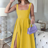 Fongt Spot 2024 Summer New Women's Fashion Pure Color Versatile Medium Long Sling Dress-Outfit