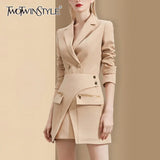 TWOTWINSTYLE Casual Khaki Two Piece Set Women Notched Long Sleeve Blazer High Waist Irregular Mini Skirt Women's Suit 2022