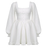Retro Solid A-Line Dreess Slim Square Collar Puff Sleeve Mini Dresses For Women 2021 Elegant Fashion Autumn Spring