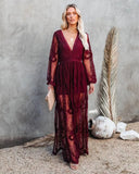 Fongt New Women's Lace Long-Sleeved V-Neck Solid Chiffon Summer Dress