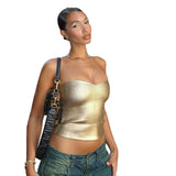 Fongt Women's Wear 2024 Winter New Solid Color Casual Chest Exposed Navel Sleeveless Gold Slim Vest Jacket-Outfit