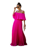 Fongt / Summer 2023 New Women's Sexy One-Line Collar Off-Shoulder Fold Chiffon Dress 4125-Outfit