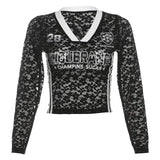 New Women's Vintage Letters High Waist Perspective V-Necked T-Shirt In Fall