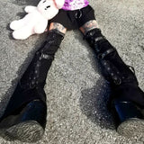 Fongt Punk Style Cool Hot Babes Chicken Eye Metal Buckle Decorative Horn Trousers Knitted Leggings Leg Sleeves