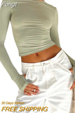 Women T-shirt Crop Tops Harajuku Spring Fall Clothes Long Sleeve Crew Neck Solid Slim Ladies Top Thumb Holes for Daily