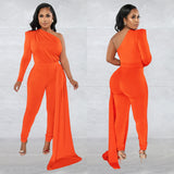 Fashion Women's Solid Color Diagonal Shoulder Cape One Shoulder Long Sleeve Trousers Jumpsuit-Outfit