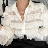 New Korean Heavy Work Cupcake Ruffles Blouse Women Turn Down Collar Long Sleeve Tops Loose Blusas Ol Feminino Shirt