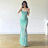 Mint Green Print Mesh Seaside Holiday Dress Cold Hot Girl Inside The Slings Fishtail