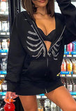 Rhinestone Skull Zipper Hoodie-Outfit