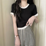 Fongt Clamming Color Splicing T-Shirts For Women's New Summer Fashion Slimming Thin-Sleeved Ice Silk Short-Sleeved Top