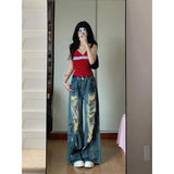 Fongt Retro Hottie Languid Wind Ripped Jeans Women Summer Design Feel To Do Old Dirty Tug Trousers