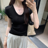 Solid Color U-Collar Short-Sleeved T-Shirt Women's New Springy Slim, Simple And Easy To Wear In