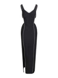 2023 Women's Sexy V-neck Sleeveless Hollow out Black Diamond Split Length Bandage Dress Elegant Celebrity Party