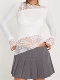 Lace Floral See Through Patchwork T-shirts Tops for Women Long Sleeve O-neck Slim Fit Irregular Hem Tees Shirts 2023-Outfit