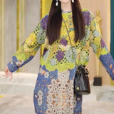 Winter Diamonds Floral Printed Midi Sweaters All-match Female Clothing Casual Loose Commute Long Sleeve O-Neck Jumpers-Outfit
