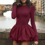 Long Sleeve Puff Baloon Fit Mini Dress-Outfit