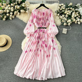New Women's Dress Dress Oversized Printed Pleated Pleated Waist Belt Holiday Skirt-Outfit