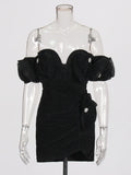 Fashion Folded Dress 2025 New High-End Feeling Shoulder Three-Dimensional Flowers Splicing Bag Hip Dress Women's