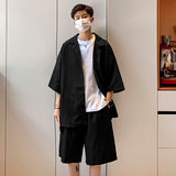 Men Casual Sets Shirt with Shorts Summer Thin Short Sleeve Tops Polyester Baggy Knee-Length Short Pant Oversize