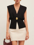 Fongt Women's Elegant Casual Knitted Vest Deep V Collar Simple Fashion Commuting Temperament Top