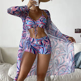 Fongt New Women's Three-Piece Bikini Mesh Gauze Blouse Gradient Print Lace Fashion Anti-Sai