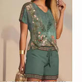 Fongt Summer Women's Casual Fashion Print Comfortable V-Neck Top Shorts Two-Piece