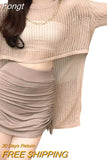 Women Knit Hollow T-shirts Solid Color Loose Irregular Hem Long Sleeve Sexy Mesh Tops Streetwear Transparent Shirt for